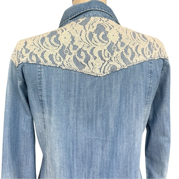 Miss Me Distressed Denim Western Shirt with Lace Detail, Women’s Medium - Picture 6 of 9